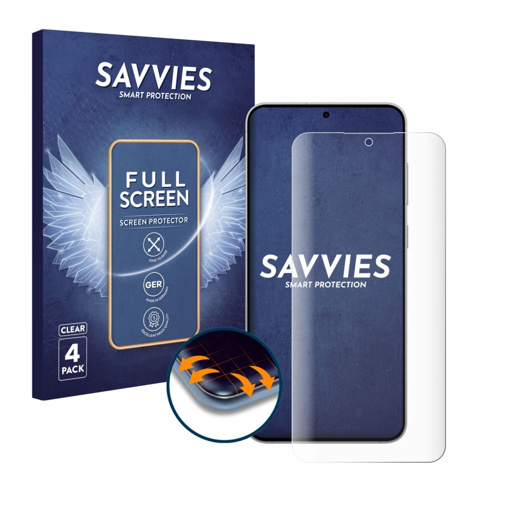 Parte frontal de un envase de producto con el logotipo de la marca Savvies. Al lado se muestra el dispositivo Samsung Galaxy S