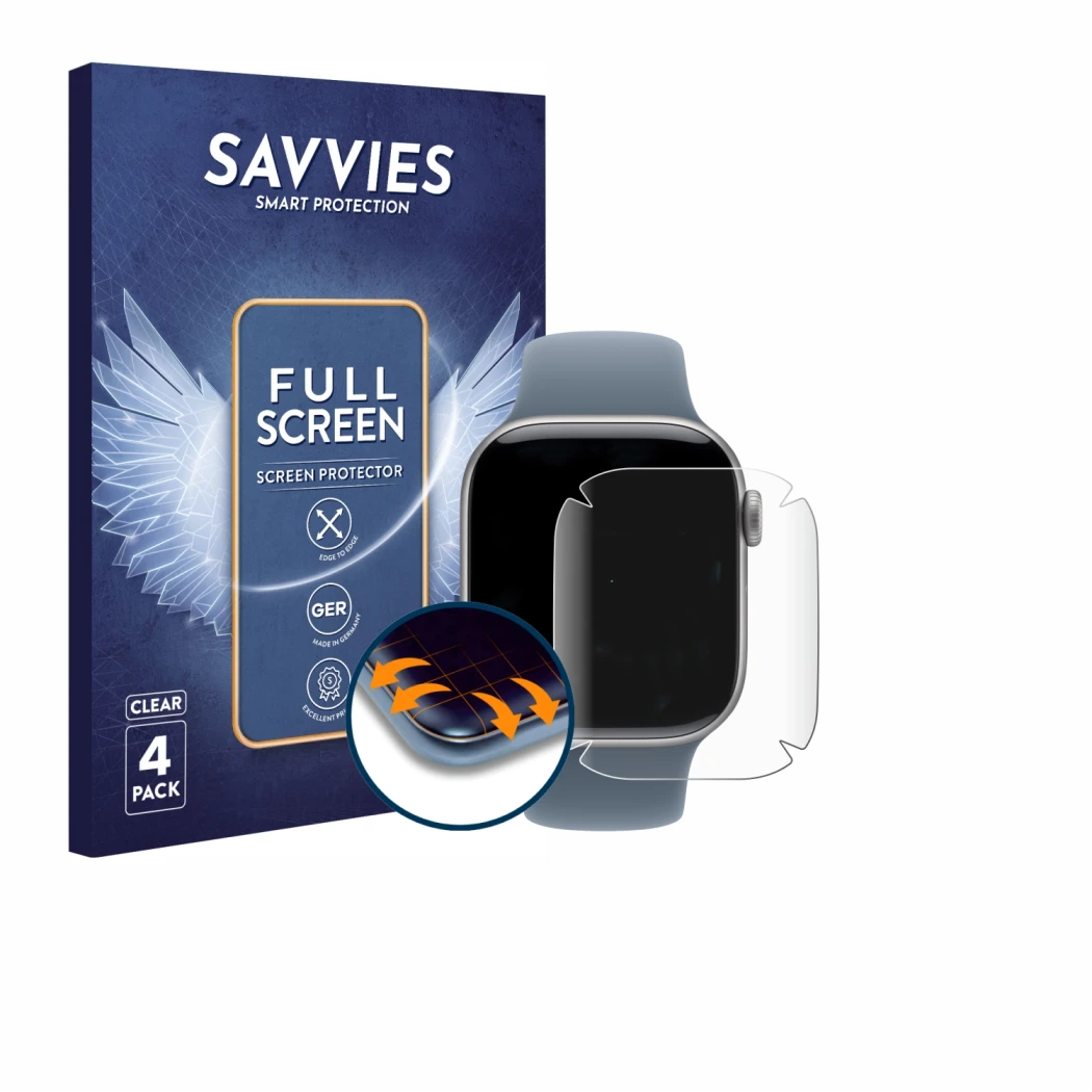 Parte frontal de un envase de producto con el logotipo de la marca Savvies. Al lado se muestra el dispositivo Apple Watch Seri