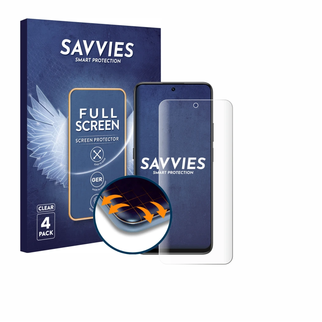 Parte frontal de un envase de producto con el logotipo de la marca Savvies. Al lado se muestra el dispositivo Honor 400 Smart 