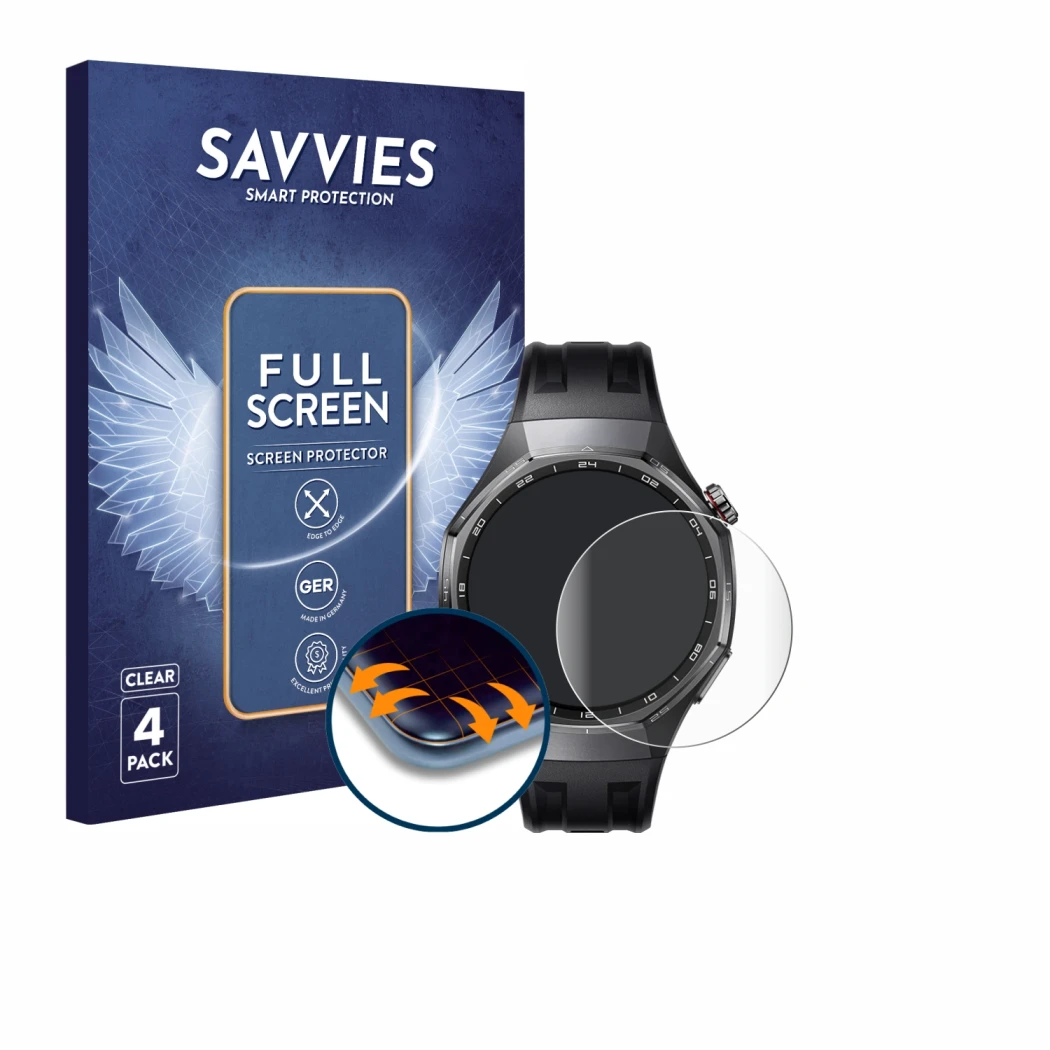 Parte frontal de un envase de producto con el logotipo de la marca Savvies. Al lado se muestra el dispositivo Huawei Watch GT 