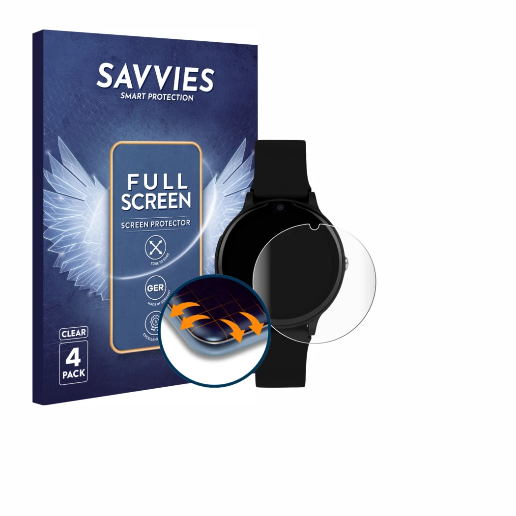 Parte frontal de un envase de producto con el logotipo de la marca Savvies. Al lado se muestra el dispositivo One2Track Connec