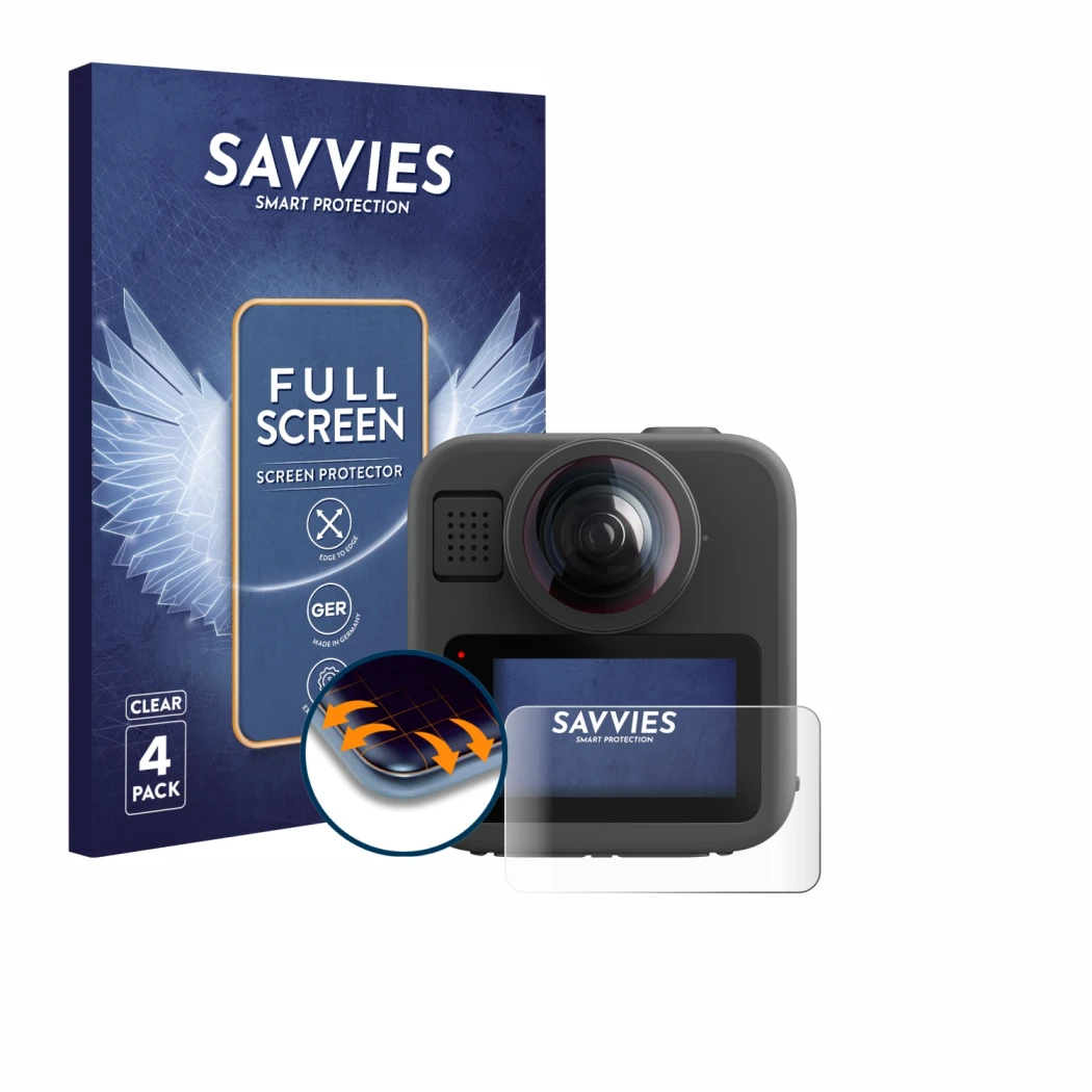 Parte frontal de un envase de producto con el logotipo de la marca Savvies. Al lado se muestra el dispositivo GoPro Max 2 con 