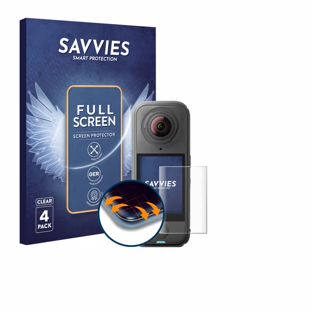 Parte frontal de un envase de producto con el logotipo de la marca Savvies. Al lado se muestra el dispositivo Insta360 X4 Air 