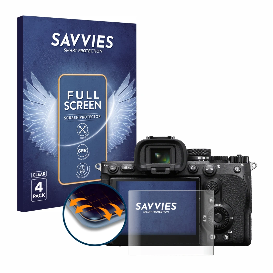 Parte frontal de un envase de producto con el logotipo de la marca Savvies. Al lado se muestra el dispositivo Sony Alpha 7 V (