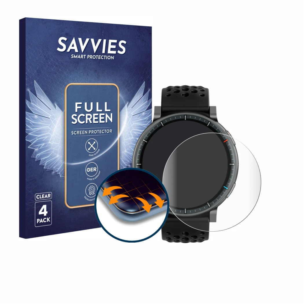 Parte frontal de un envase de producto con el logotipo de la marca Savvies. Al lado se muestra el dispositivo Amazfit Active M