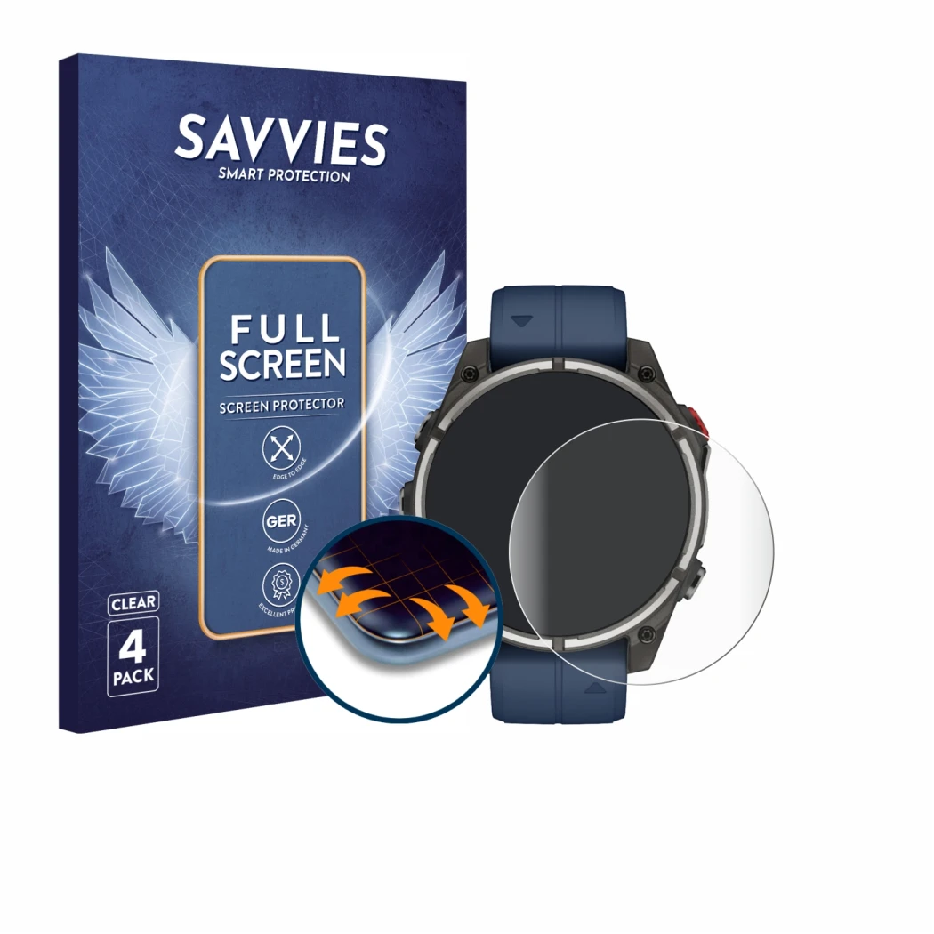 Parte frontal de un envase de producto con el logotipo de la marca Savvies. Al lado se muestra el dispositivo Garmin quatix 8 