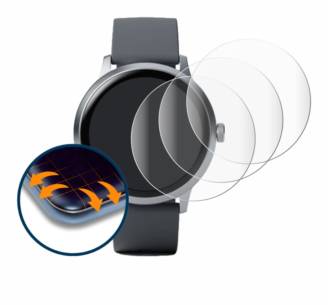 Imagen del dispositivo Pebble Round 2 con una amplia variedad de protectores de pantalla.