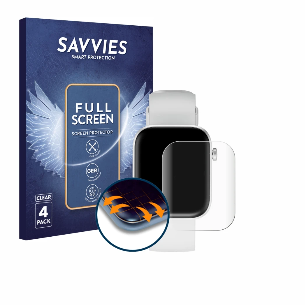 Parte frontal de un envase de producto con el logotipo de la marca Savvies. Al lado se muestra el dispositivo HMD Watch P1 con