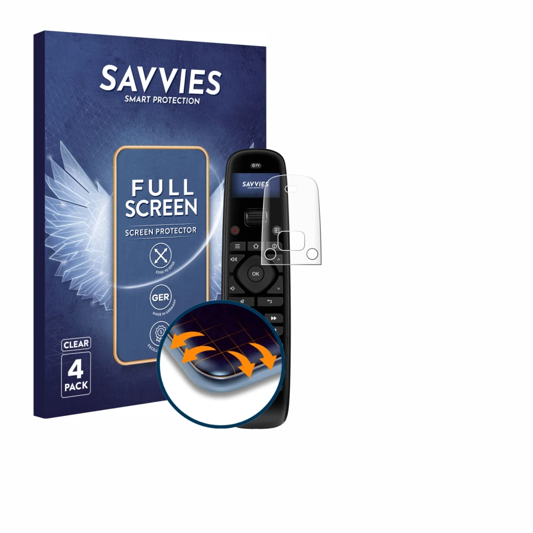 Parte frontal de un envase de producto con el logotipo de la marca Savvies. Al lado se muestra el dispositivo Sofabaton U2 con