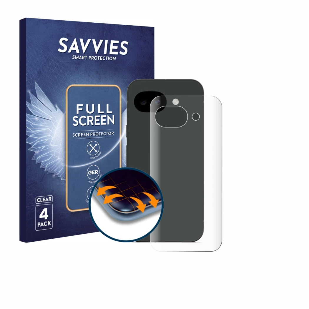 Parte frontal de un envase de producto con el logotipo de la marca Savvies. Al lado se muestra el dispositivo Google Pixel 10a