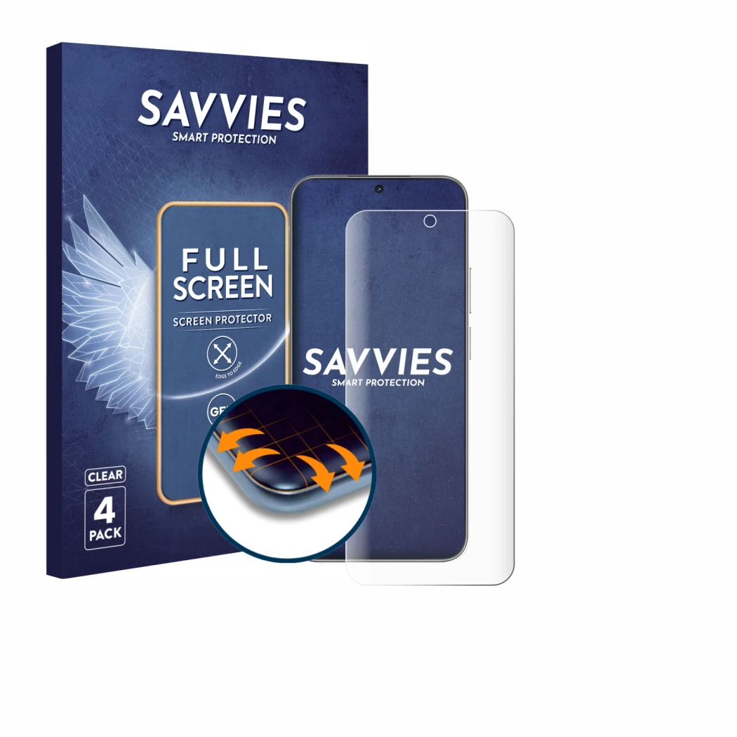 Parte frontal de un envase de producto con el logotipo de la marca Savvies. Al lado se muestra el dispositivo Huawei Nova 14 c