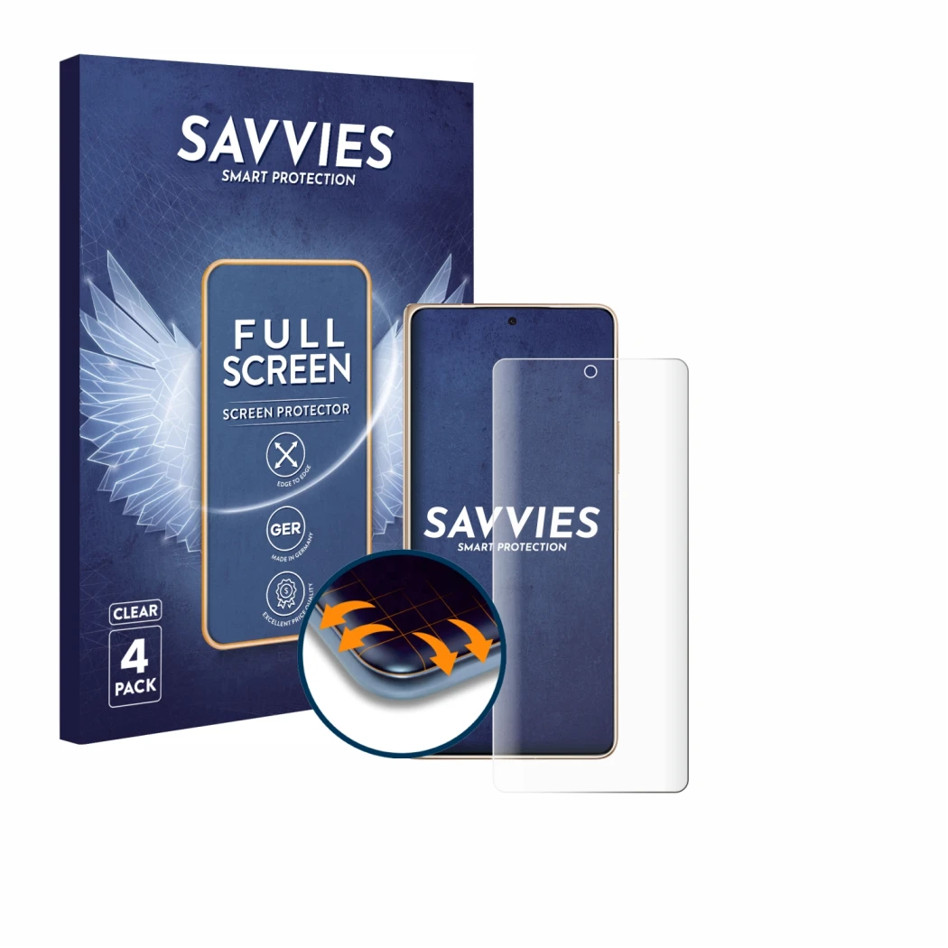 Parte frontal de un envase de producto con el logotipo de la marca Savvies. Al lado se muestra el dispositivo Honor Magic V6 c