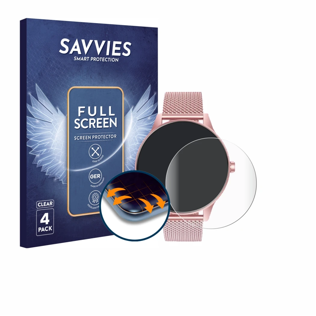 Parte frontal de un envase de producto con el logotipo de la marca Savvies. Al lado se muestra el dispositivo TAOLOON Smartwat