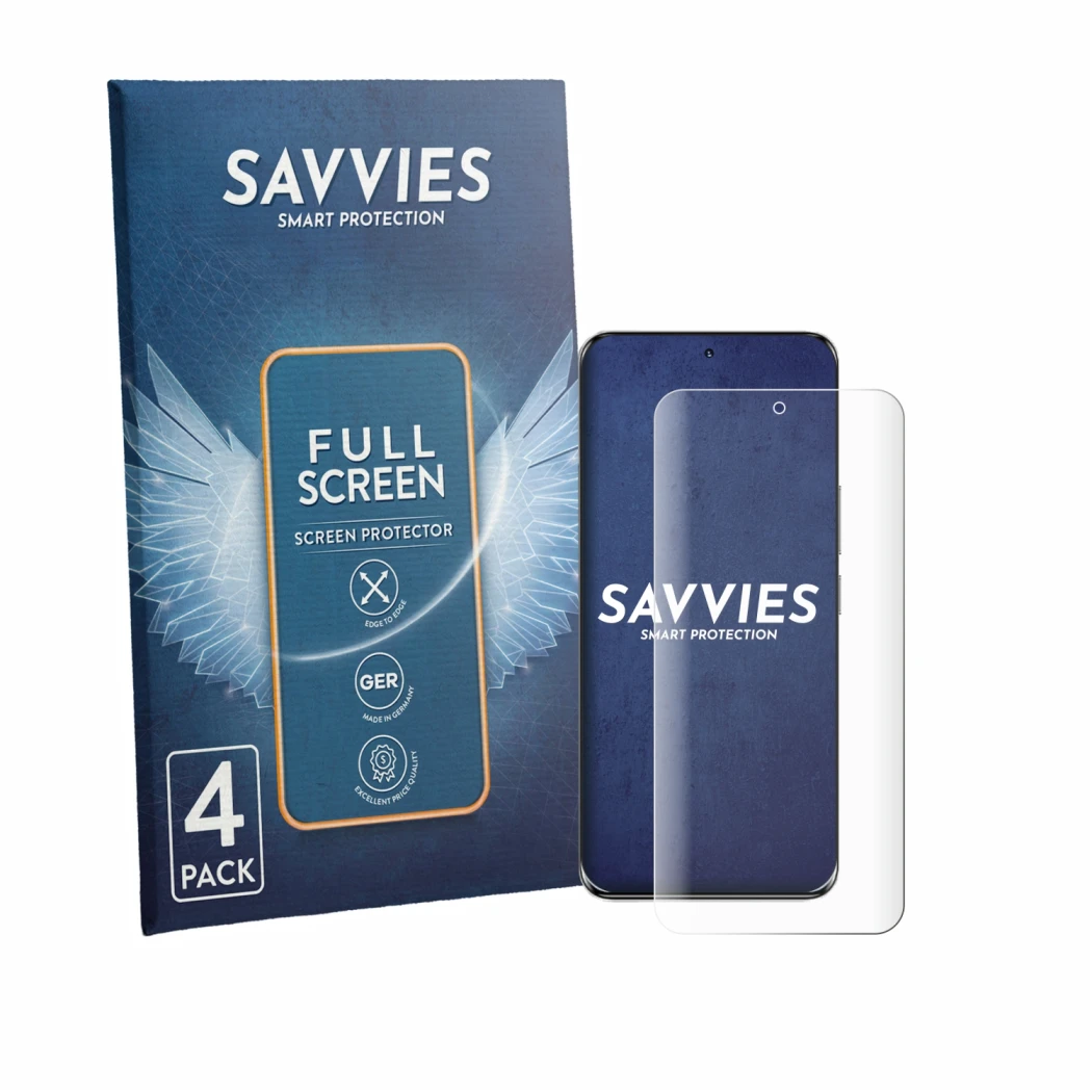 Parte frontal de un envase de producto con el logotipo de la marca Savvies. Al lado se muestra el dispositivo Honor 100 con su