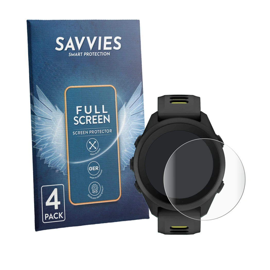 Parte frontal de un envase de producto con el logotipo de la marca Savvies. Al lado se muestra el dispositivo Garmin Forerunne