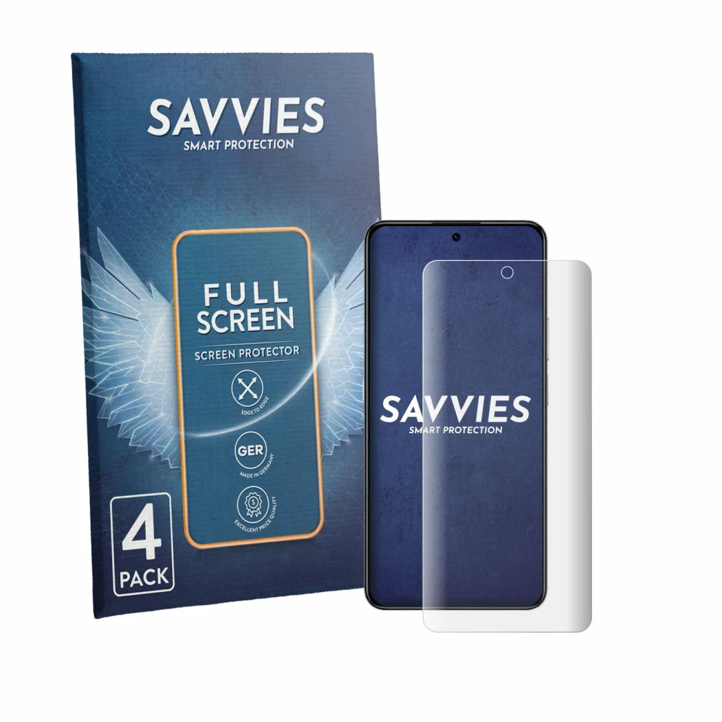 Parte frontal de un envase de producto con el logotipo de la marca Savvies. Al lado se muestra el dispositivo Honor X8d con su