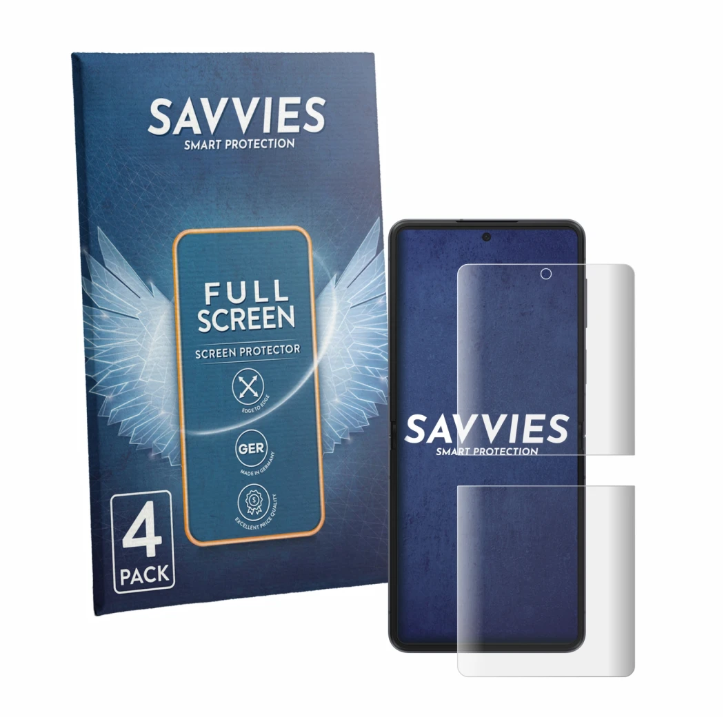 Parte frontal de un envase de producto con el logotipo de la marca Savvies. Al lado se muestra el dispositivo Samsung Galaxy Z