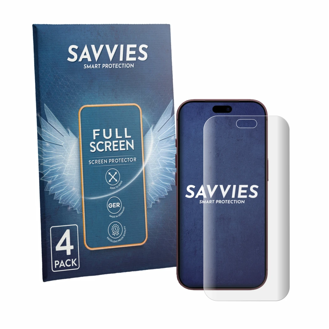 Parte frontal de un envase de producto con el logotipo de la marca Savvies. Al lado se muestra el dispositivo Apple iPhone 18 