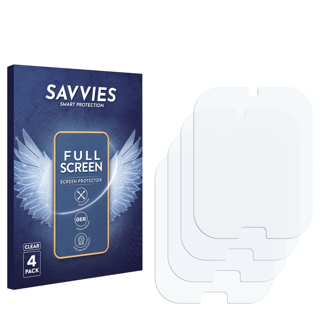 Parte frontal de un envase de producto con el logotipo de la marca Savvies. Al lado está el protector de pantalla correspondie