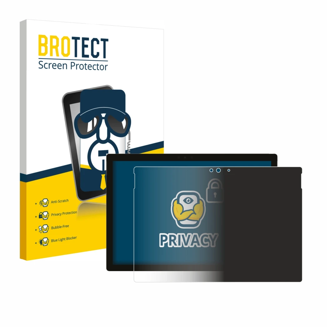 Parte frontal de un envase de producto con el logotipo de la marca BROTECT. Al lado se muestra el dispositivo Microsoft Surfac