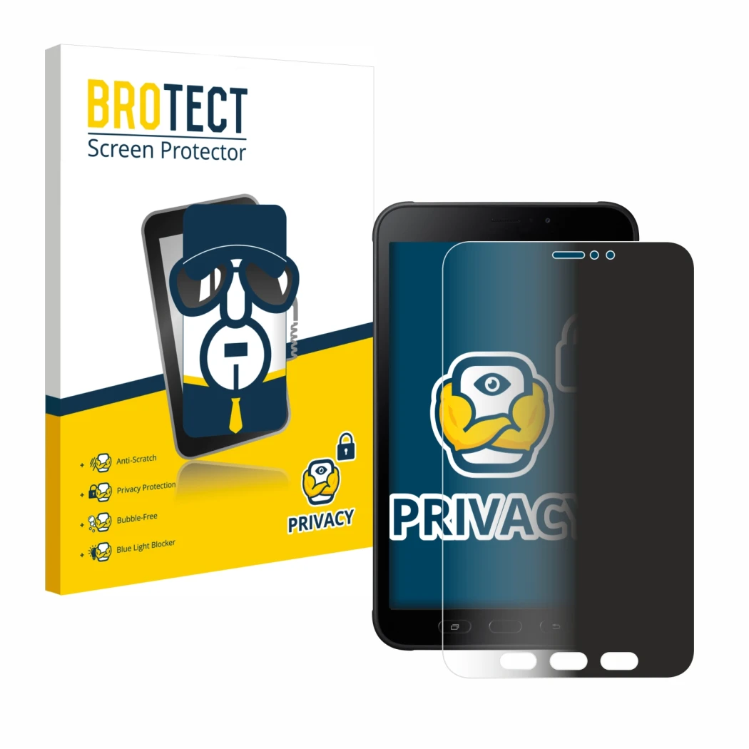 Parte frontal de un envase de producto con el logotipo de la marca BROTECT. Al lado se muestra el dispositivo Samsung Galaxy T