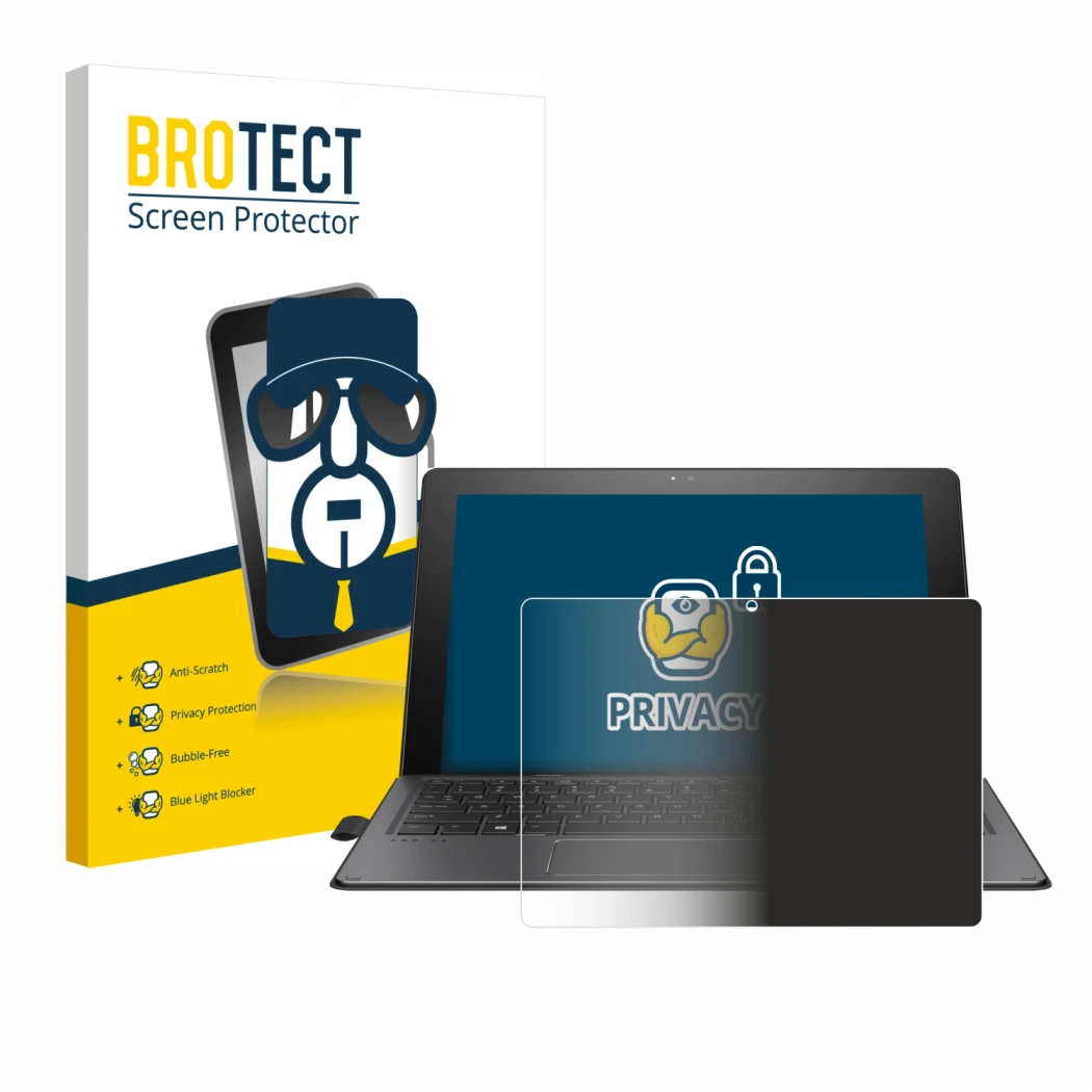 Parte frontal de un envase de producto con el logotipo de la marca BROTECT. Al lado se muestra el dispositivo HP Pro x2 612 G2