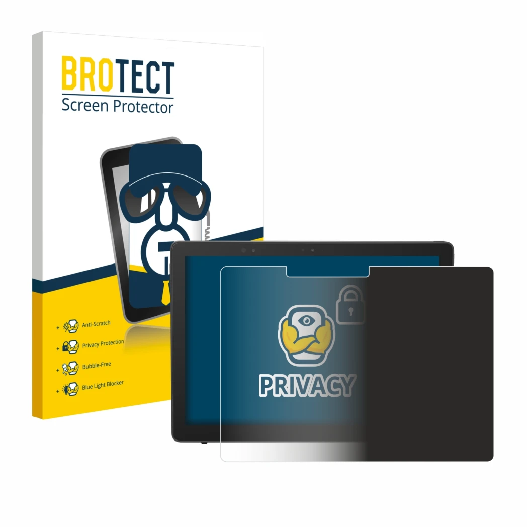 Parte frontal de un envase de producto con el logotipo de la marca BROTECT. Al lado se muestra el dispositivo Dell Latitude 52