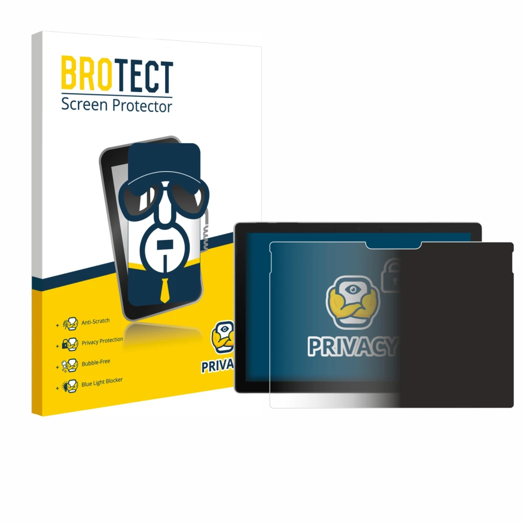 Parte frontal de un envase de producto con el logotipo de la marca BROTECT. Al lado se muestra el dispositivo Microsoft Surfac