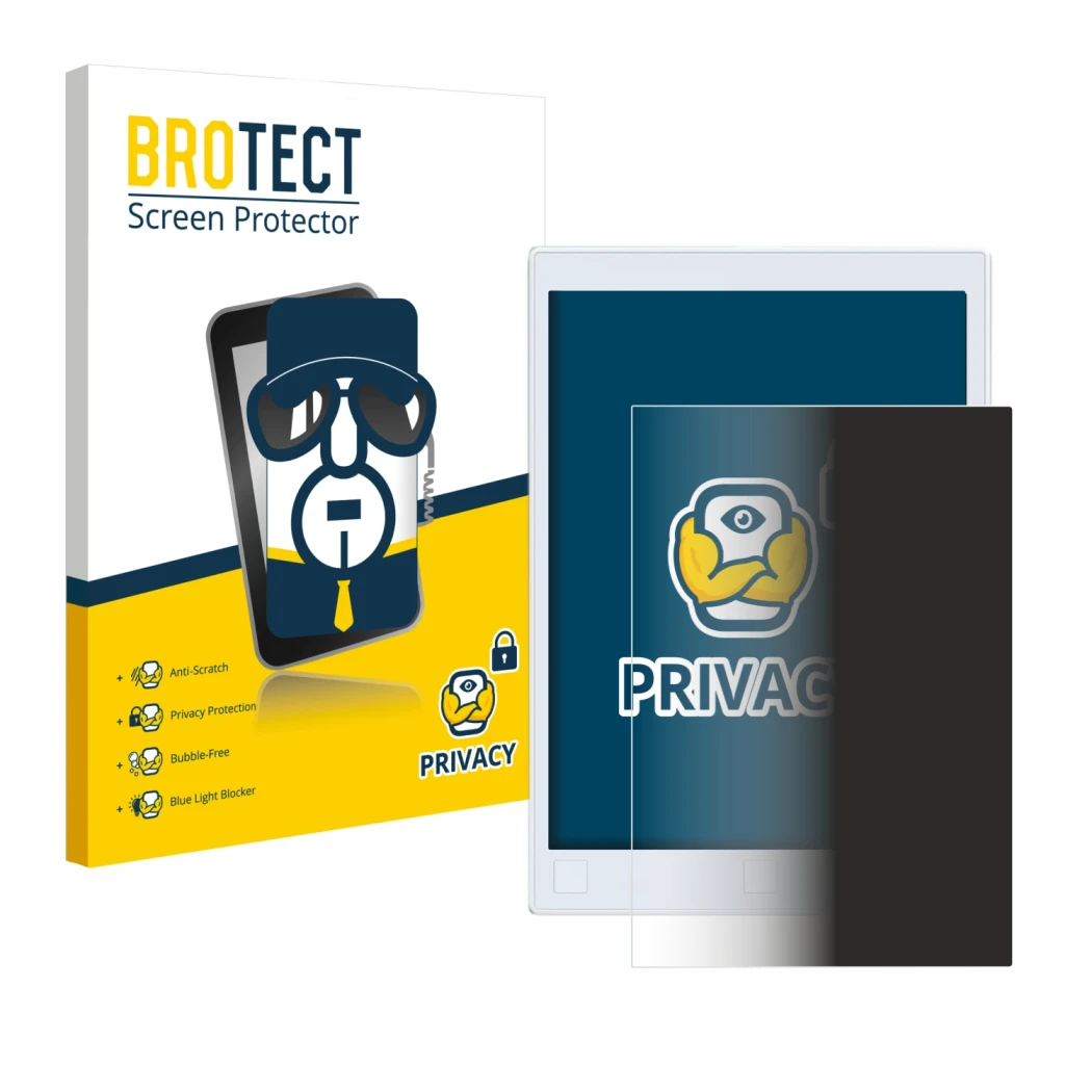 Parte frontal de un envase de producto con el logotipo de la marca BROTECT. Al lado se muestra el dispositivo reMarkable 2 con