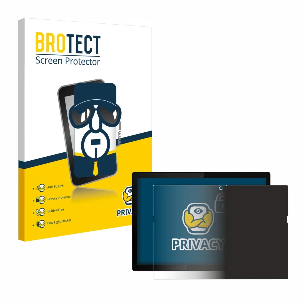 Parte frontal de un envase de producto con el logotipo de la marca BROTECT. Al lado se muestra el dispositivo Lenovo ThinkPad 