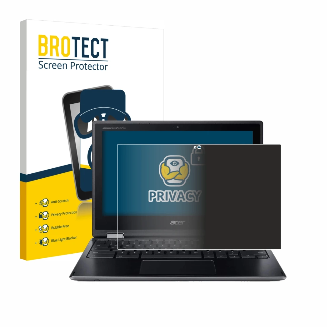 Parte frontal de un envase de producto con el logotipo de la marca BROTECT. Al lado se muestra el dispositivo Acer Chromebook 