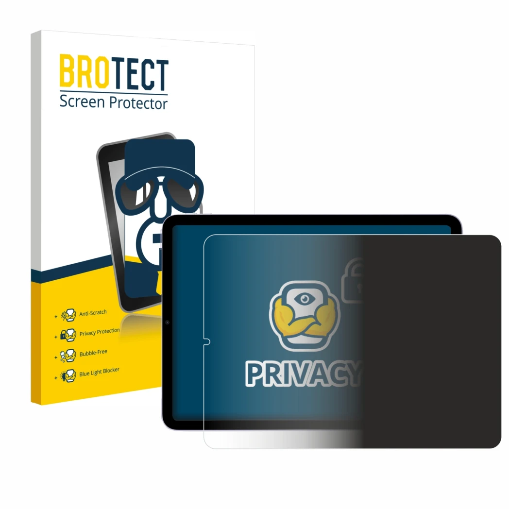 Parte frontal de un envase de producto con el logotipo de la marca BROTECT. Al lado se muestra el dispositivo Apple iPad Air 5