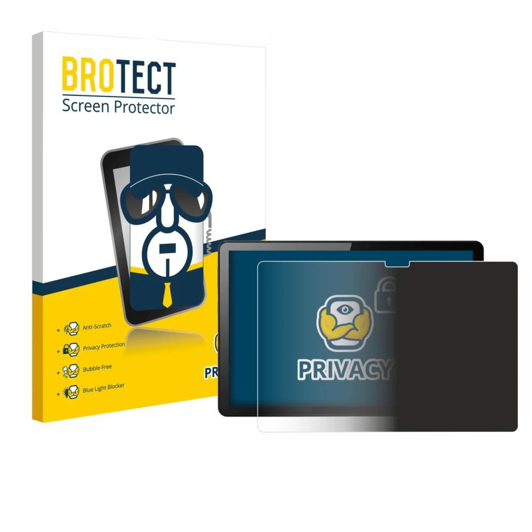 Parte frontal de un envase de producto con el logotipo de la marca BROTECT. Al lado se muestra el dispositivo Lenovo Tab M10 (