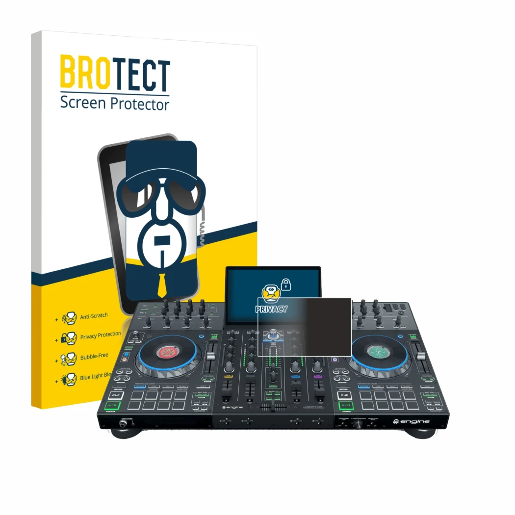 Parte frontal de un envase de producto con el logotipo de la marca BROTECT. Al lado se muestra el dispositivo Denon DJ Prime 4
