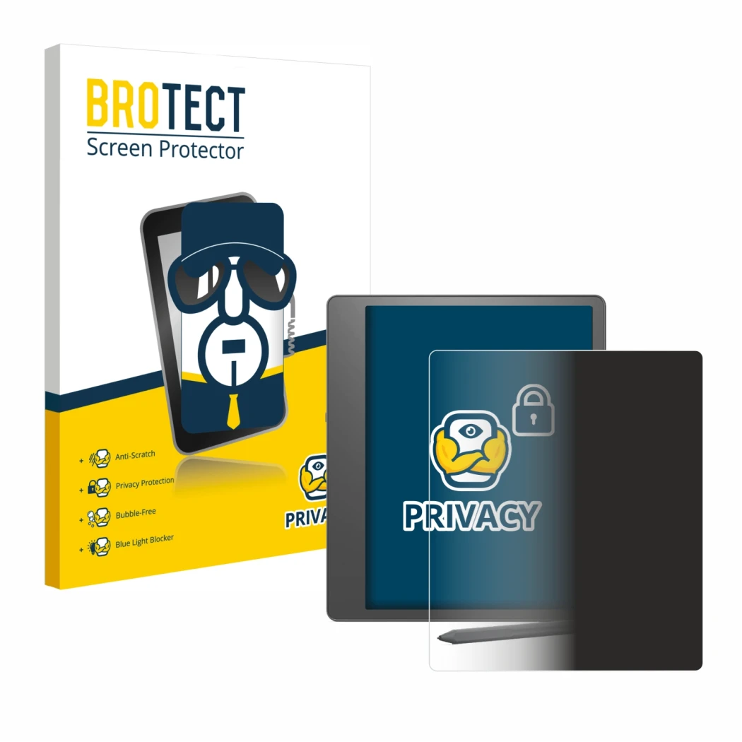 Parte frontal de un envase de producto con el logotipo de la marca BROTECT. Al lado se muestra el dispositivo Amazon Kindle Sc