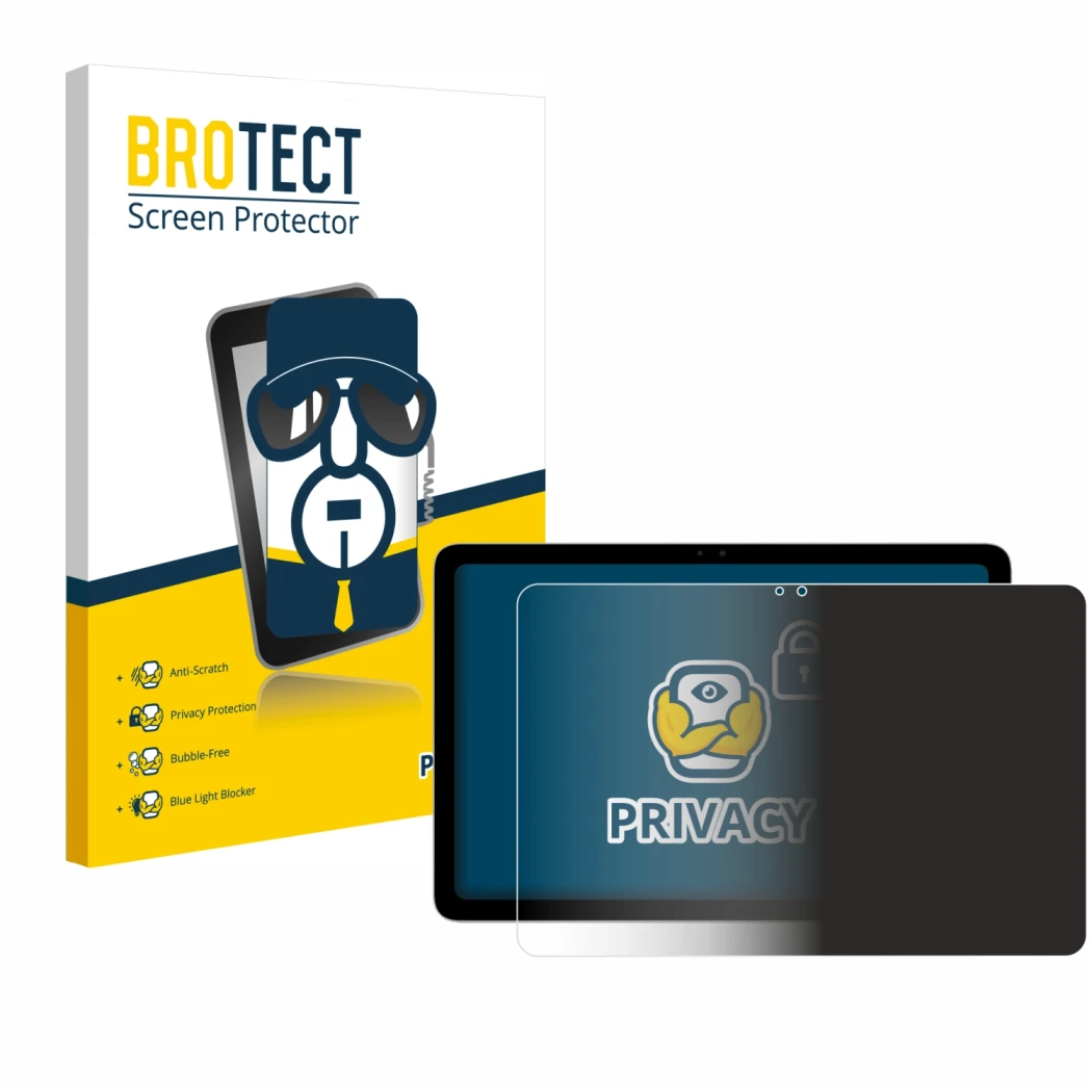 Parte frontal de un envase de producto con el logotipo de la marca BROTECT. Al lado se muestra el dispositivo Google Pixel Tab