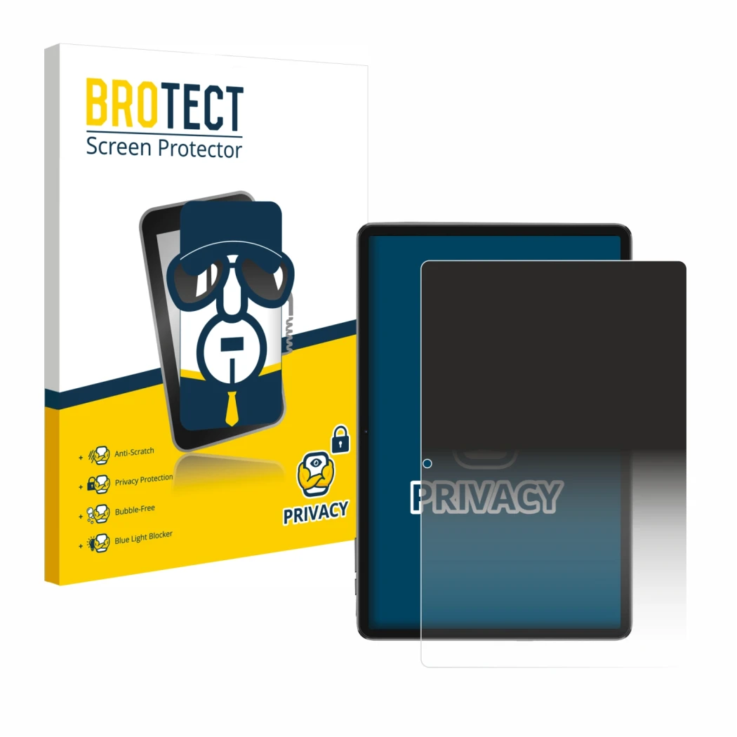 Parte frontal de un envase de producto con el logotipo de la marca BROTECT. Al lado se muestra el dispositivo Blackview Tab 7 
