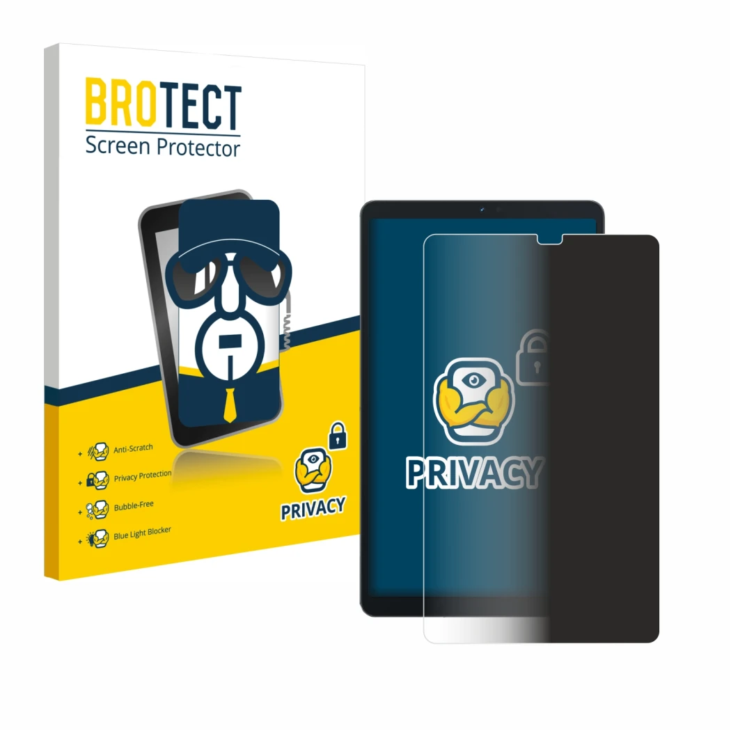 Parte frontal de un envase de producto con el logotipo de la marca BROTECT. Al lado se muestra el dispositivo Blackview Tab 60