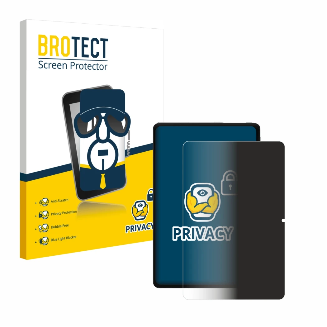 Parte frontal de un envase de producto con el logotipo de la marca BROTECT. Al lado se muestra el dispositivo Xiaomi Redmi Pad