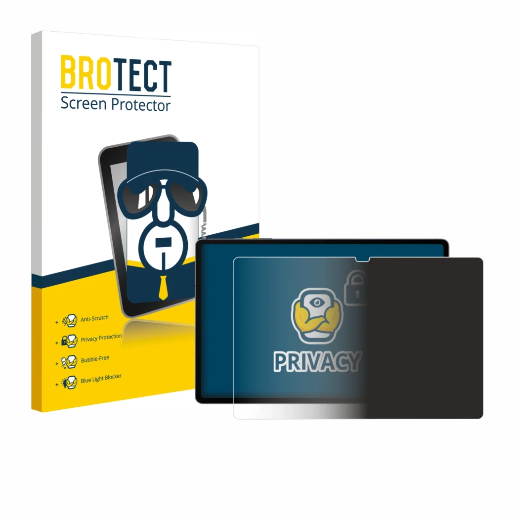 Parte frontal de un envase de producto con el logotipo de la marca BROTECT. Al lado se muestra el dispositivo Samsung Galaxy T