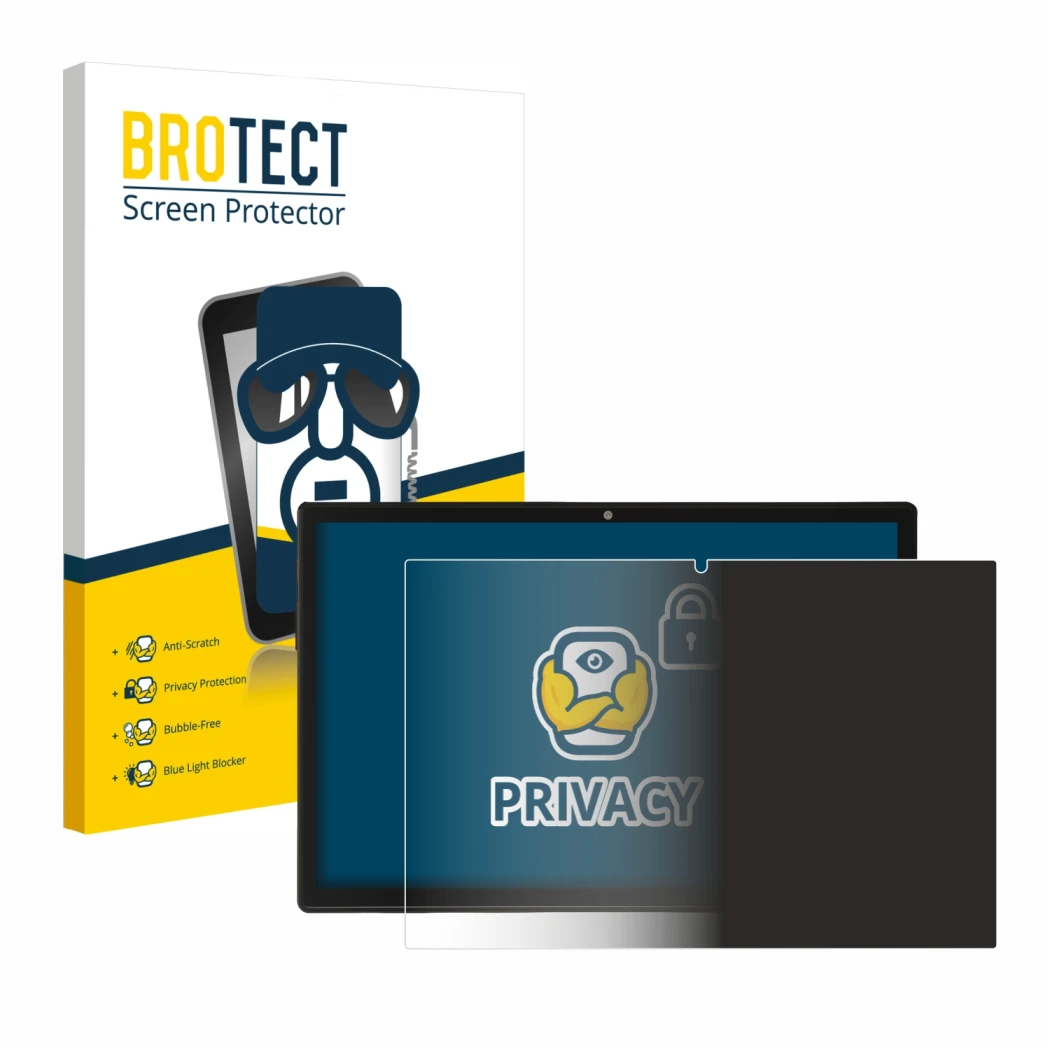 Parte frontal de un envase de producto con el logotipo de la marca BROTECT. Al lado se muestra el dispositivo Acepad A150 con 