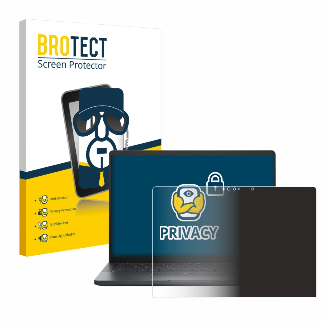 Parte frontal de un envase de producto con el logotipo de la marca BROTECT. Al lado se muestra el dispositivo Dell Pro 13 Prem
