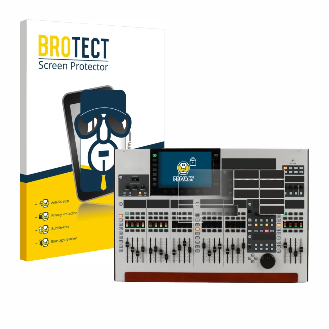 Parte frontal de un envase de producto con el logotipo de la marca BROTECT. Al lado se muestra el dispositivo Behringer Wing (