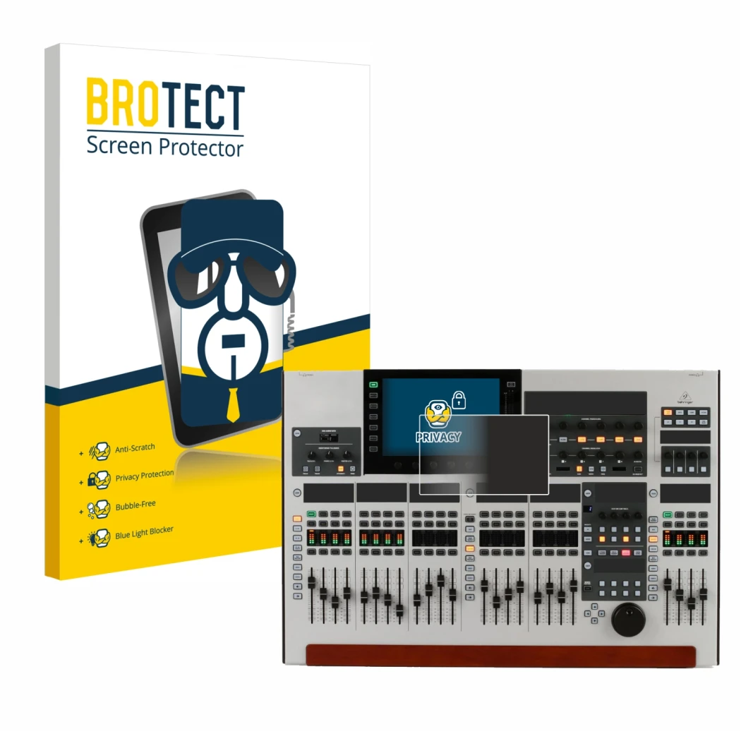 Parte frontal de un envase de producto con el logotipo de la marca BROTECT. Al lado se muestra el dispositivo Behringer Wing c