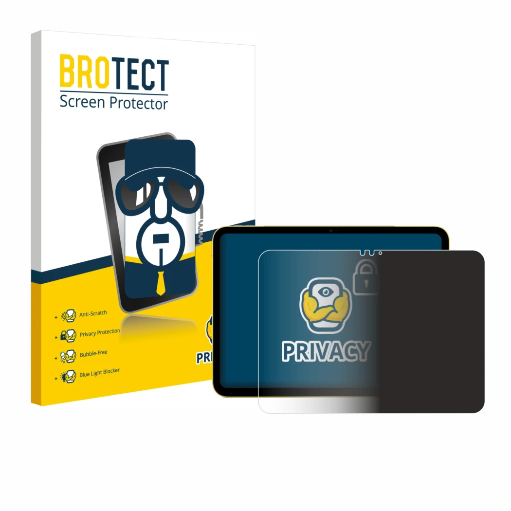 Parte frontal de un envase de producto con el logotipo de la marca BROTECT. Al lado se muestra el dispositivo Apple iPad Air 1