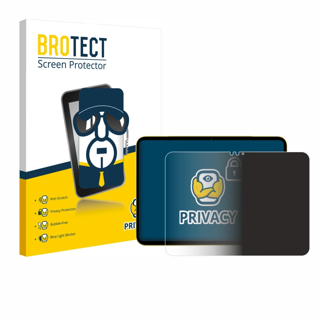 Parte frontal de un envase de producto con el logotipo de la marca BROTECT. Al lado se muestra el dispositivo Apple iPad Air 1