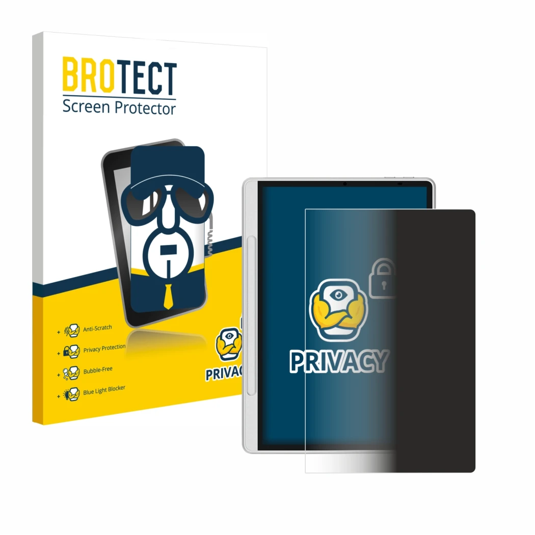 Parte frontal de un envase de producto con el logotipo de la marca BROTECT. Al lado se muestra el dispositivo XP-Pen Magic Not