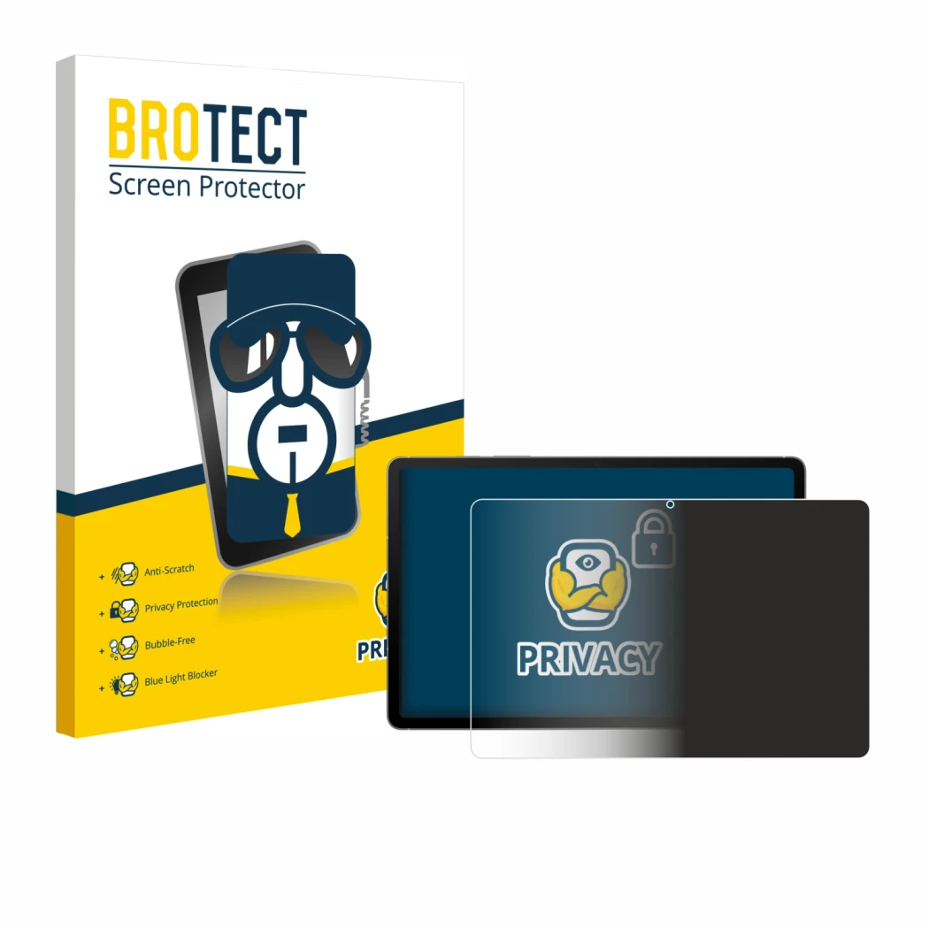 Parte frontal de un envase de producto con el logotipo de la marca BROTECT. Al lado se muestra el dispositivo Samsung Galaxy T