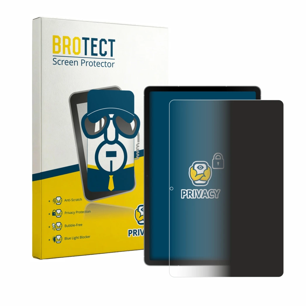 Parte frontal de un envase de producto con el logotipo de la marca BROTECT. Al lado se muestra el dispositivo Samsung Galaxy T