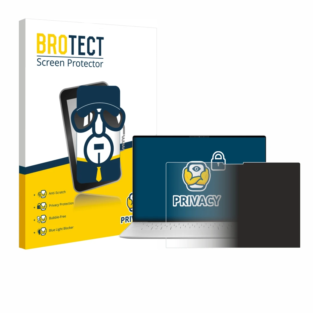 Parte frontal de un envase de producto con el logotipo de la marca BROTECT. Al lado se muestra el dispositivo Dell XPS 13 9350